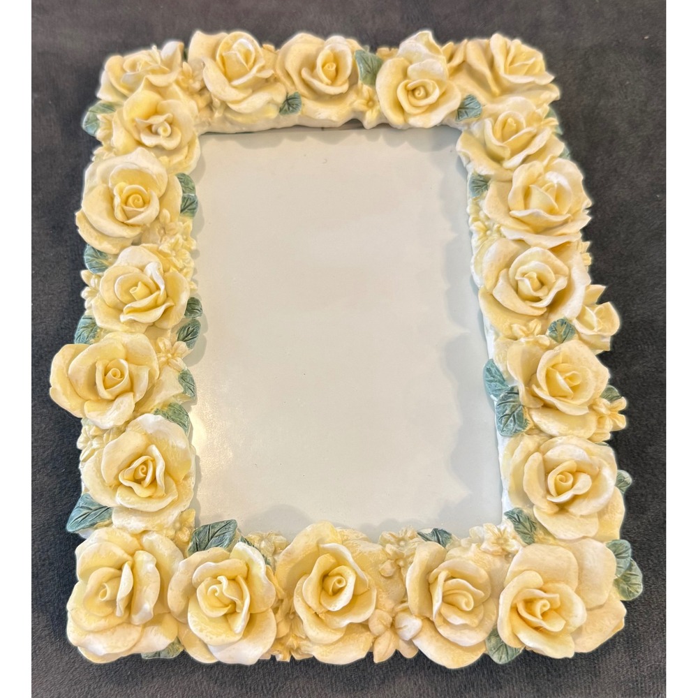 Picture Frame 3.5x5 Yellow Resin Sculpted Roses Floral Decor Cottagecore Ornate